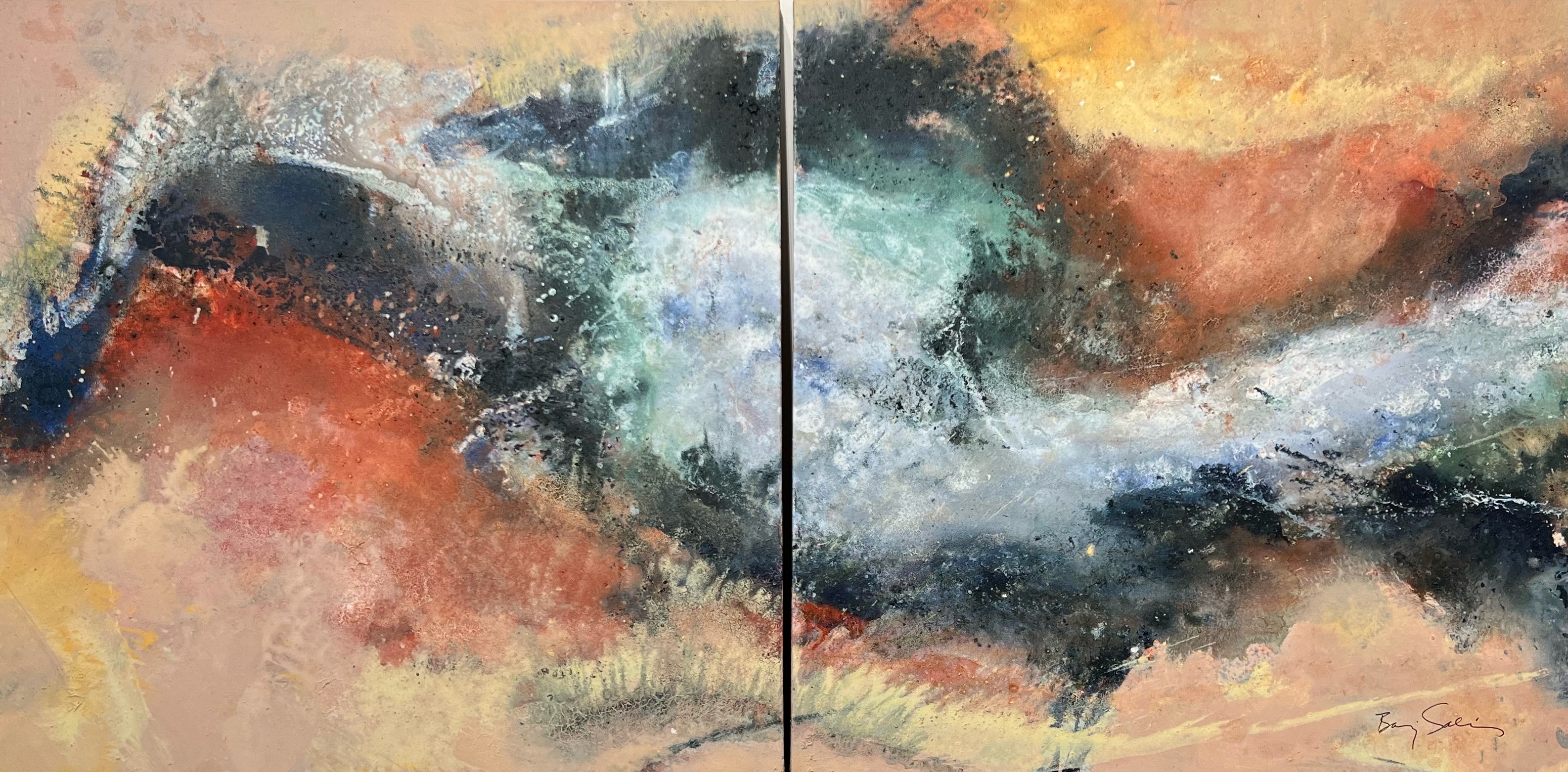 A painting of two paintings of a landscape with a mountain in the background.