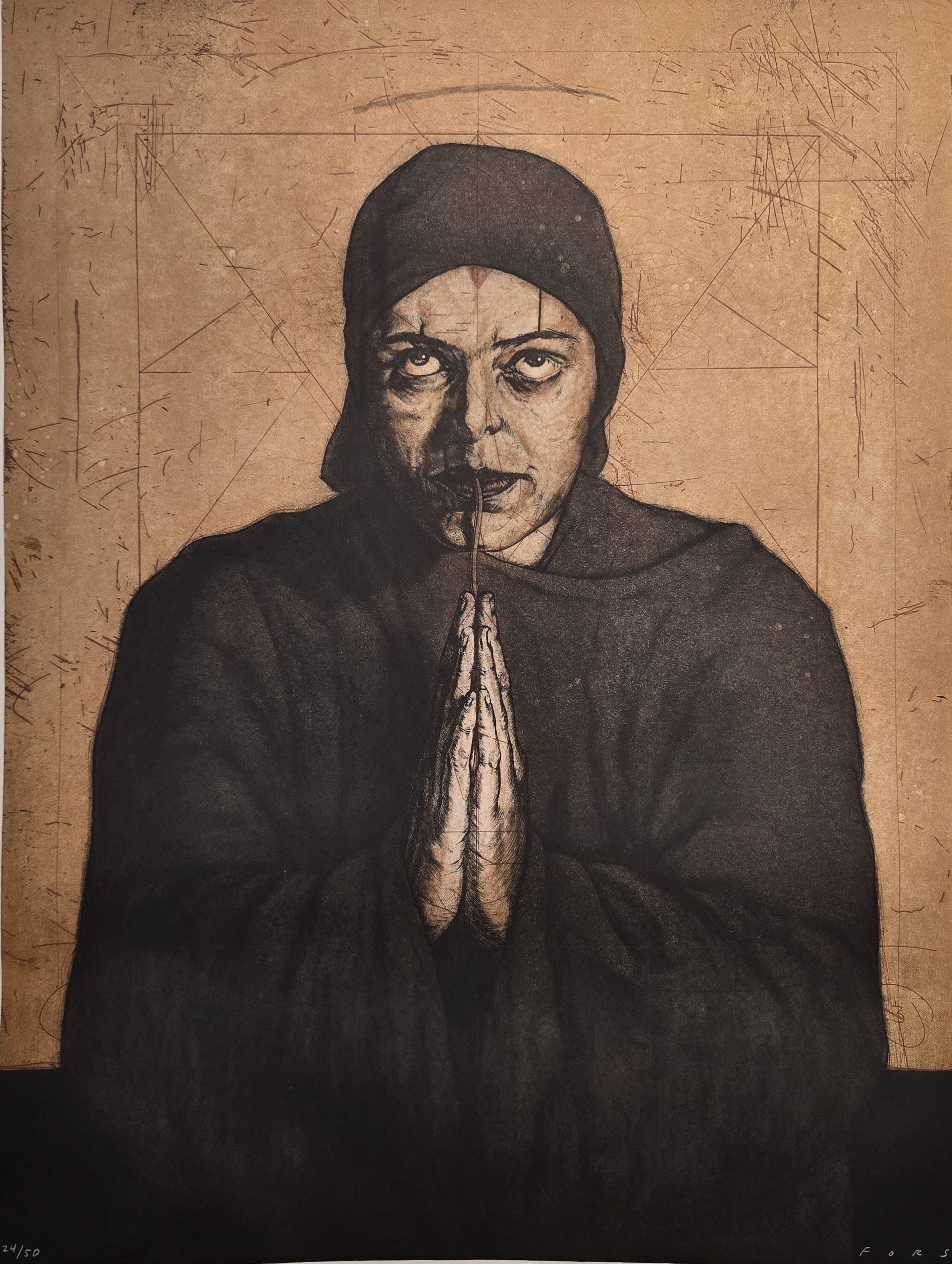 A black and white drawing of a woman with her hands clasped in prayer.