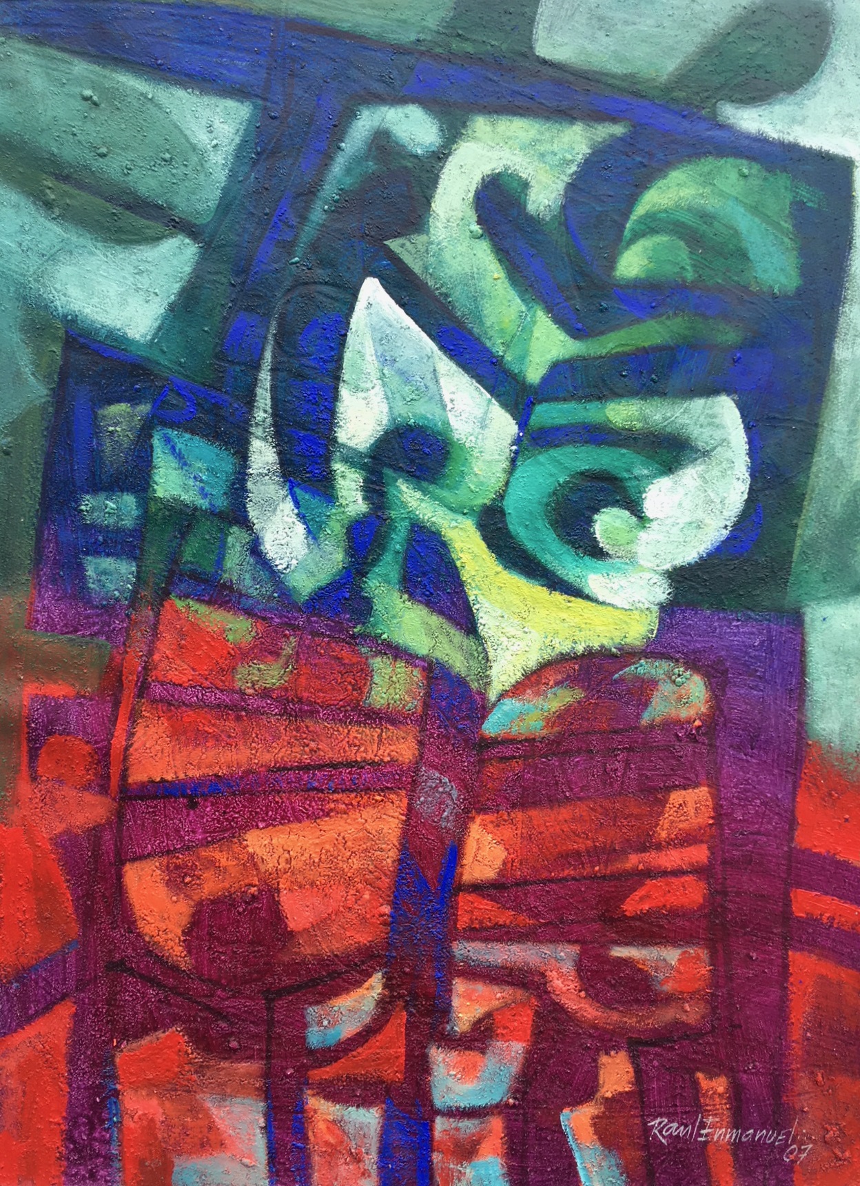 A painting of a colorful abstract painting on a wall.