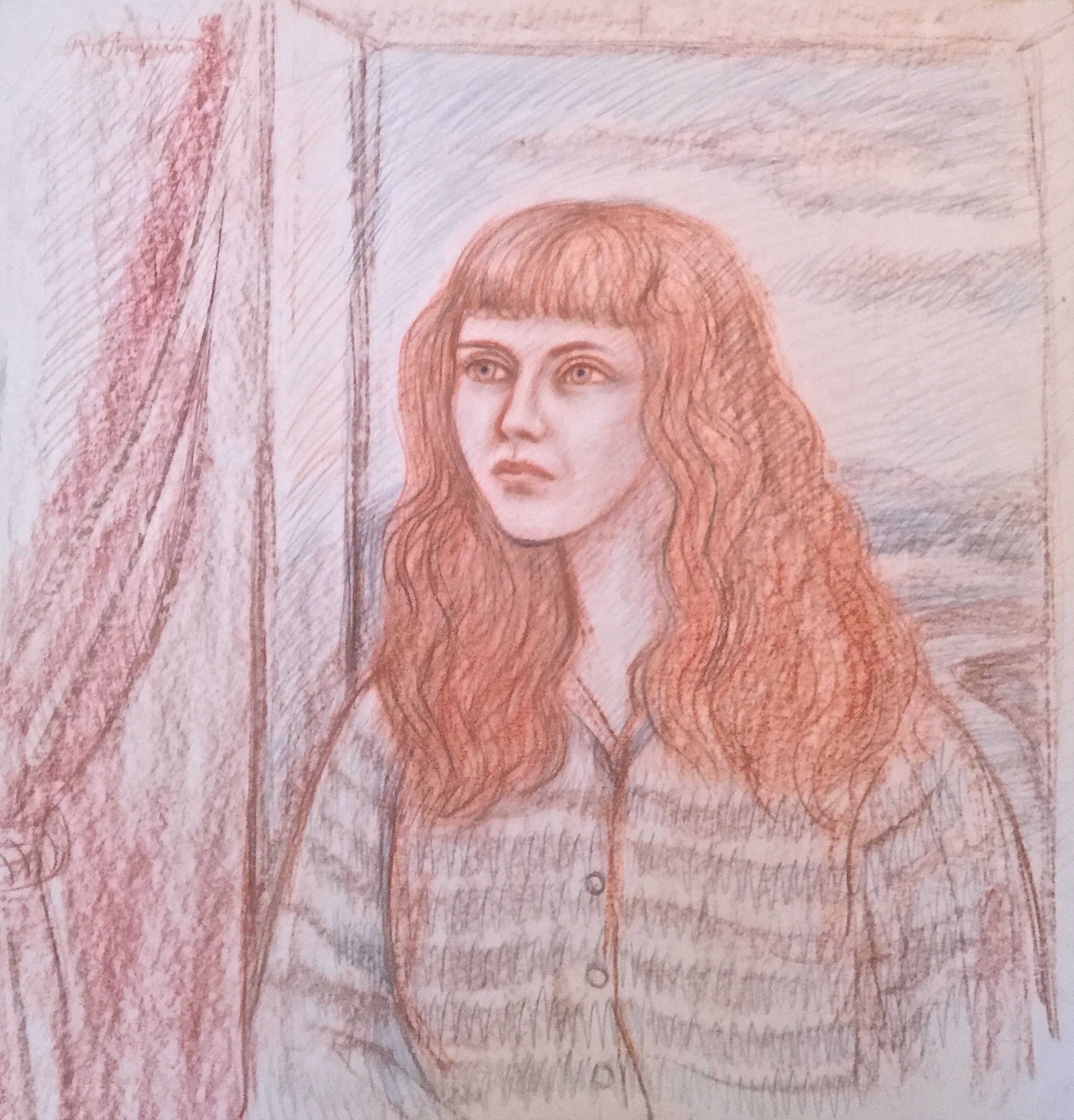 A drawing of a woman looking out of a window.