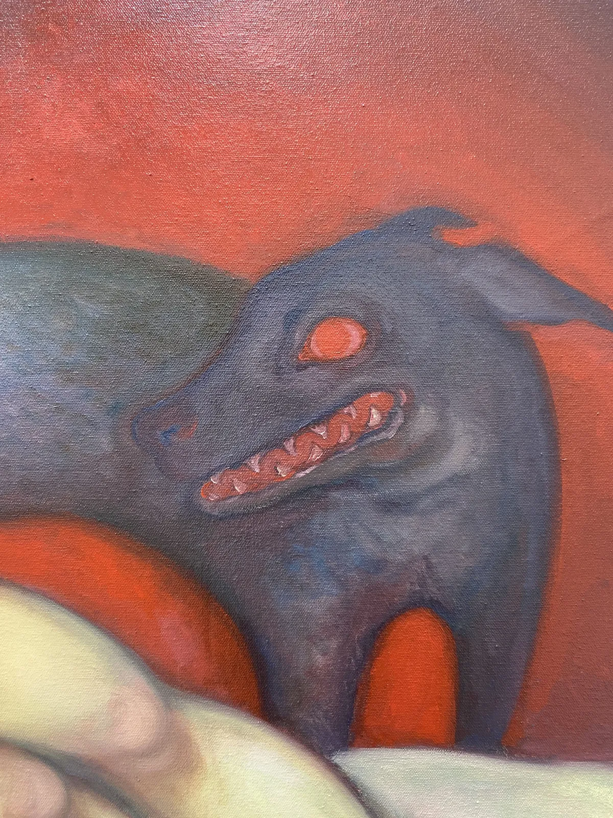 A painting of a nude woman laying on a bed next to a black dog.