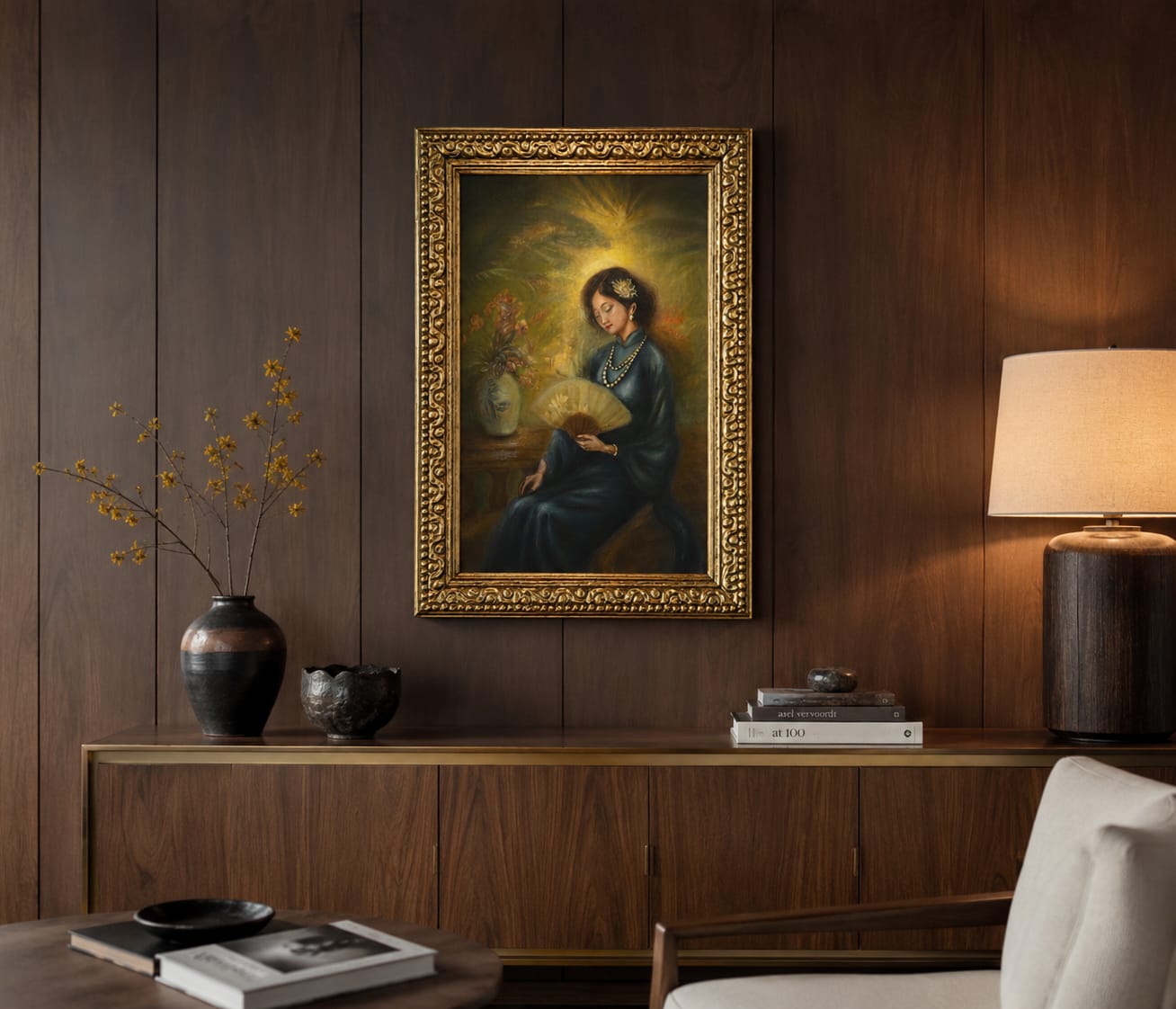 A serene portrait of a seated figure in a blue dress holding a fan, illuminated by a radiant golden glow.