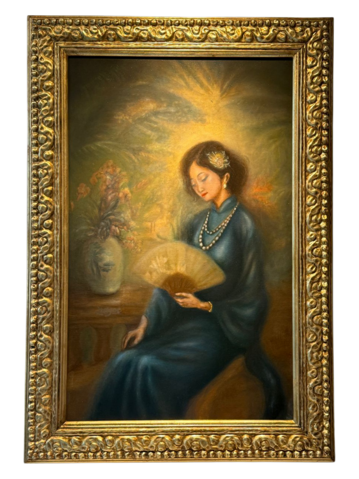 A serene portrait of a seated figure in a blue dress holding a fan, illuminated by a radiant golden glow.