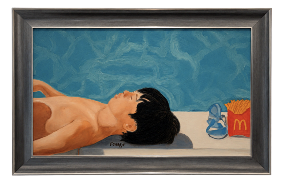 A surreal painting of a nude figure floating in water next to a fast-food container.
