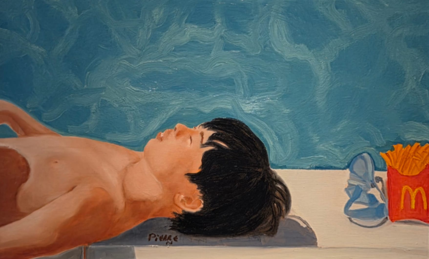 A surreal painting of a nude figure floating in water next to a fast-food container.