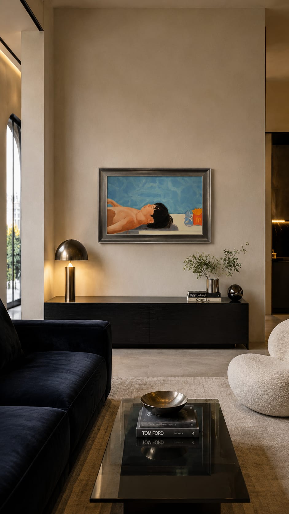 A surreal painting of a nude figure floating in water next to a fast-food container.