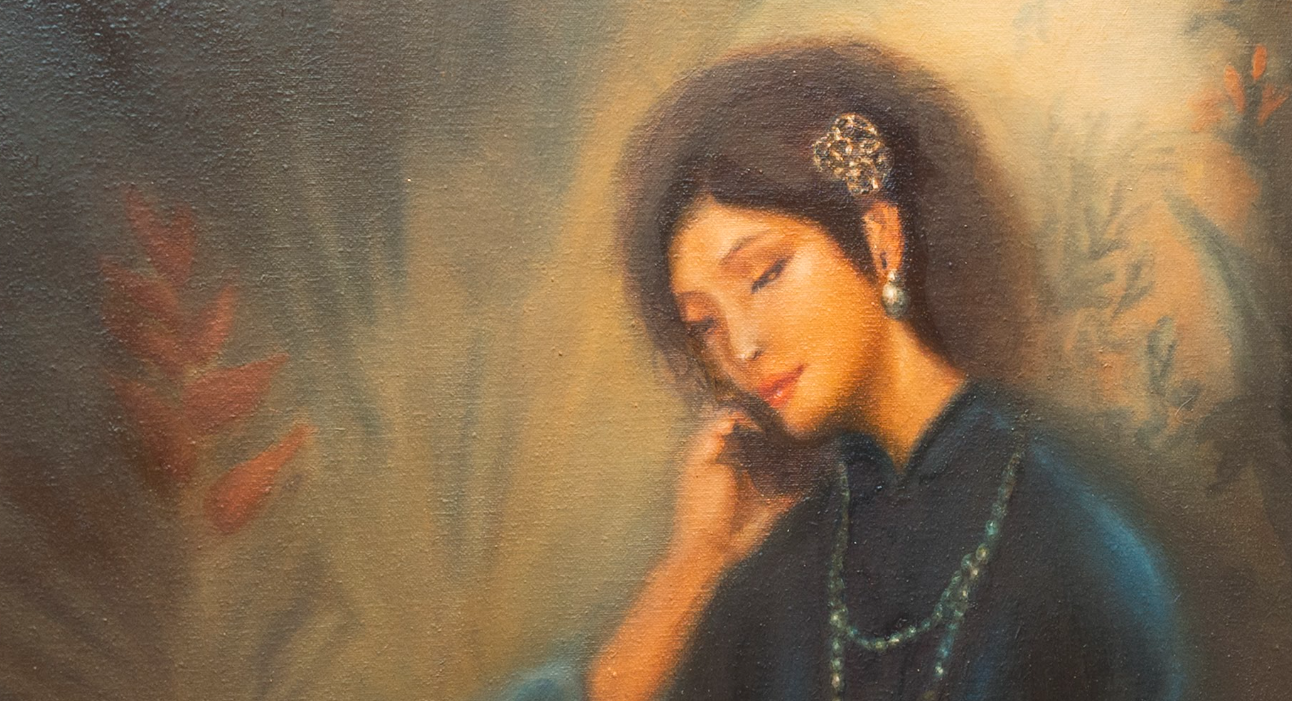 A serene portrait of a seated figure in deep blue velvet, illuminated by soft, directional light.