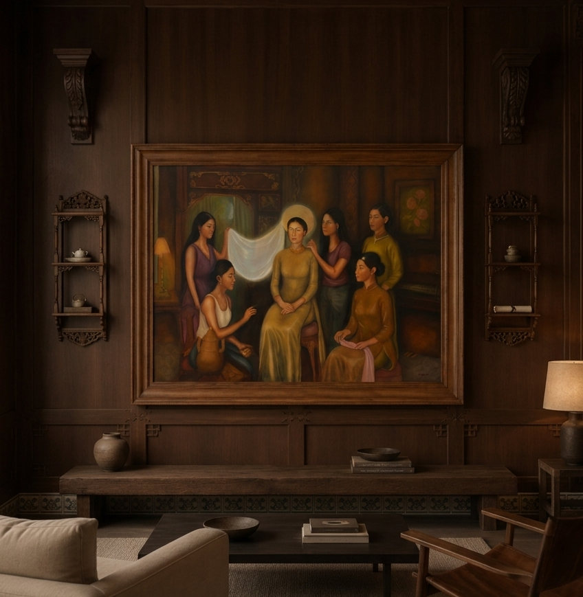 A group of figures in a warmly lit interior, centered on a seated woman with a radiant glow.