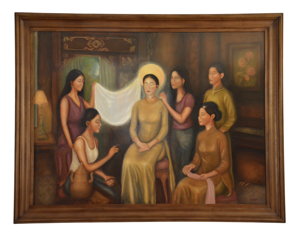 A group of figures in a warmly lit interior, centered on a seated woman with a radiant glow.