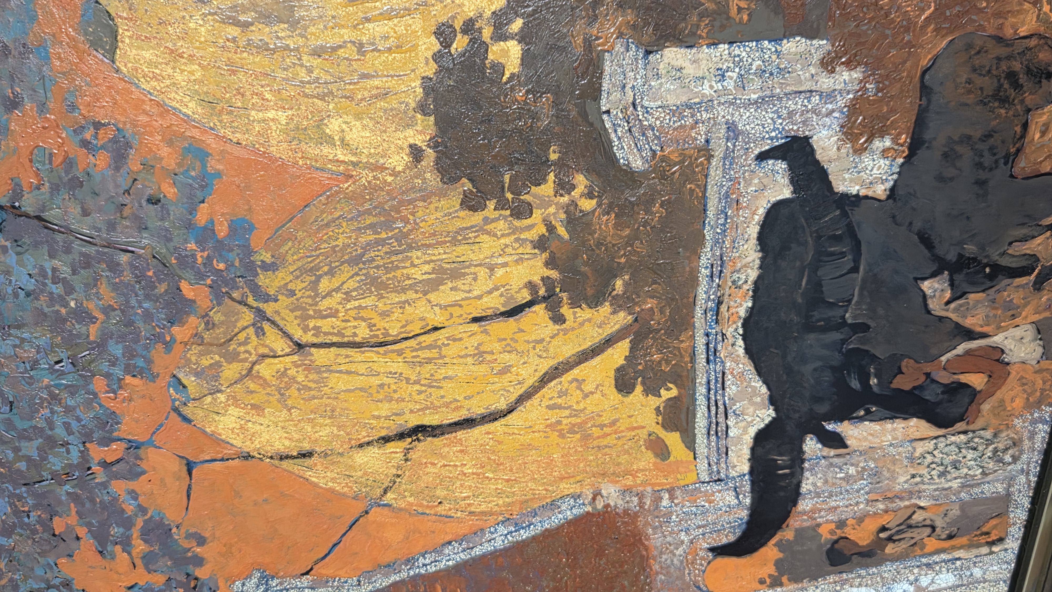 A warm-toned landscape painting featuring temple roofs, a water buffalo, and figures under a textured sky.