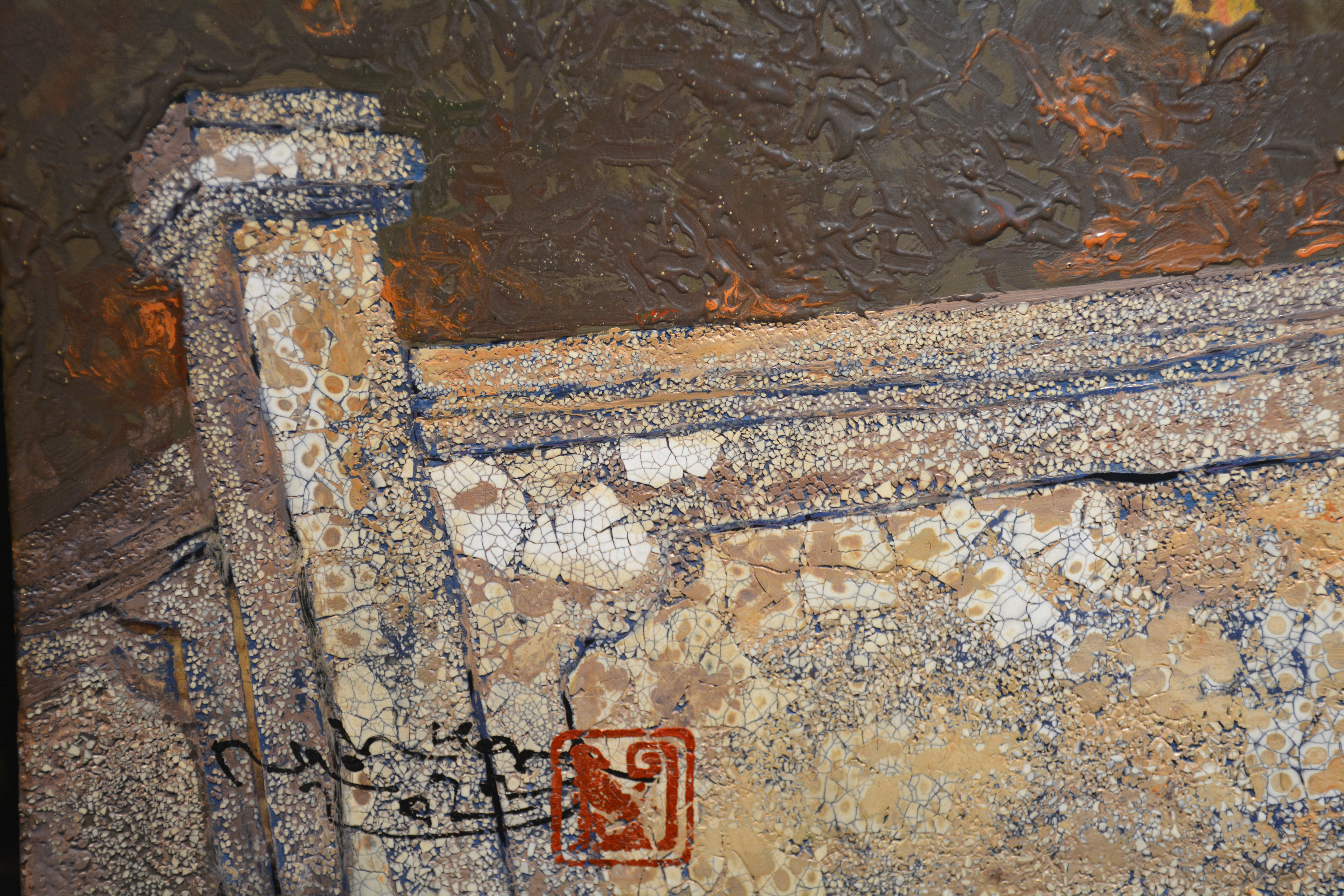 A warm-toned landscape painting featuring temple roofs, a water buffalo, and figures under a textured sky.