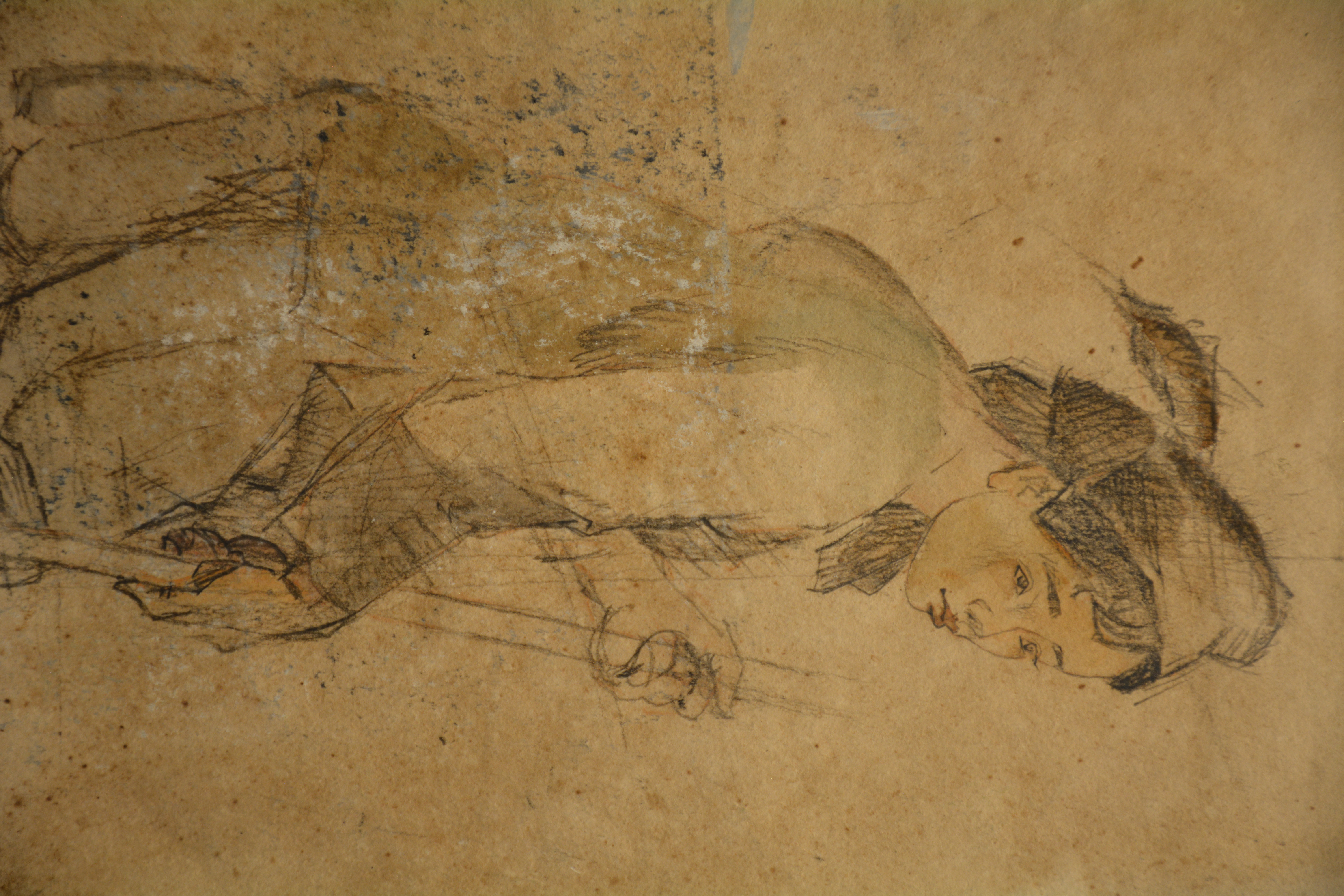 A framed charcoal sketch of a figure in motion, rendered with loose, expressive strokes.
