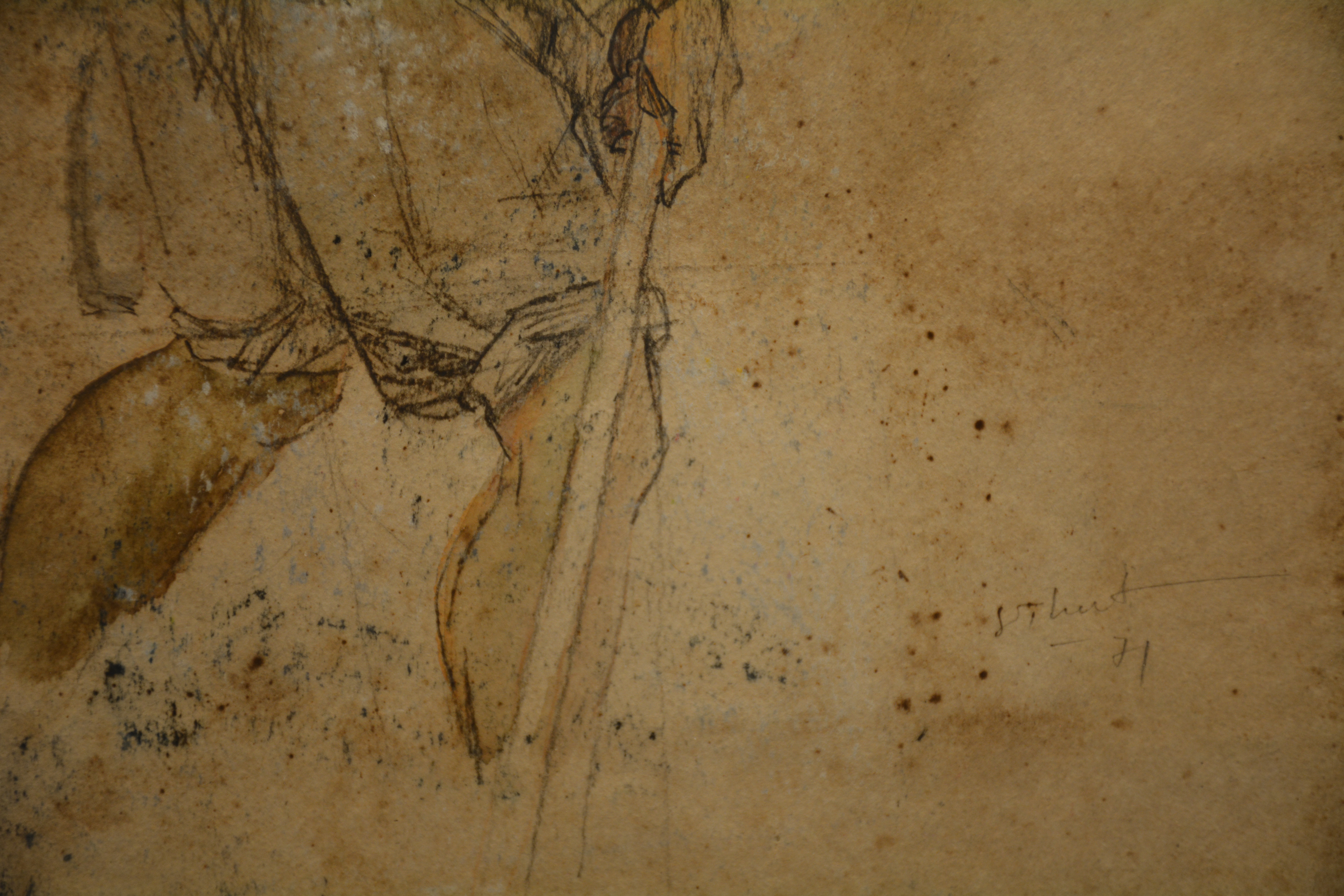 A framed charcoal sketch of a figure in motion, rendered with loose, expressive strokes.