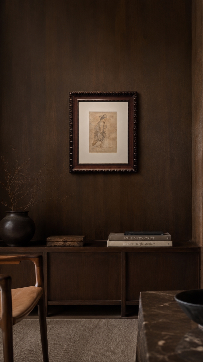A framed charcoal sketch of a figure in motion, rendered with loose, expressive strokes.