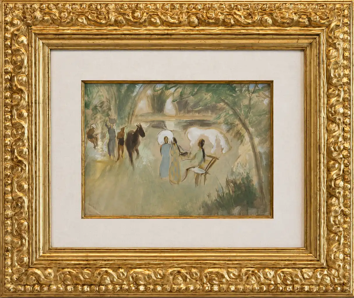 A watercolor scene of figures and animals in a sun-dappled forest.