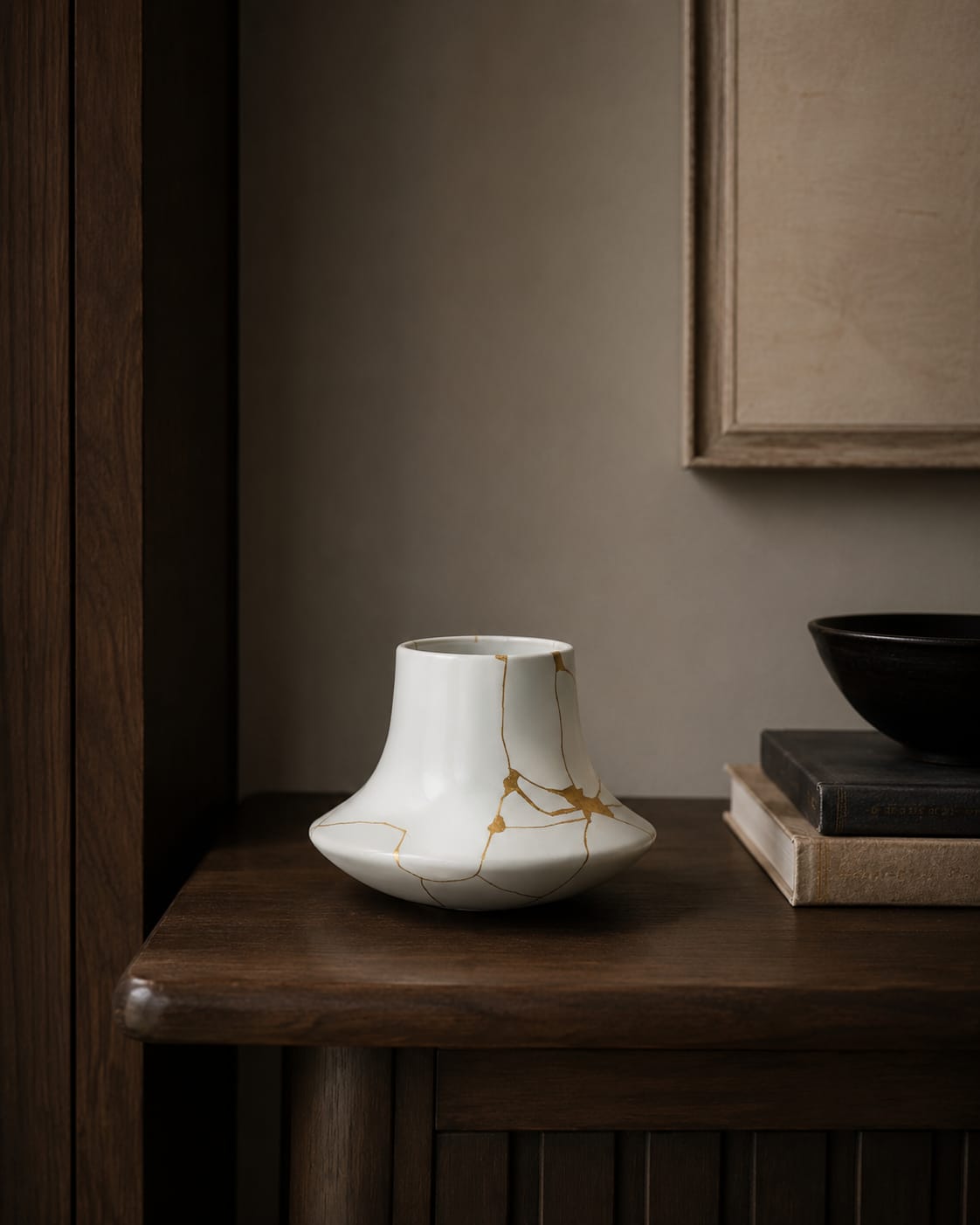 A white ceramic vase with a wide base and narrow neck, featuring a kintsugi-inspired design of gold lines tracing the cracks.