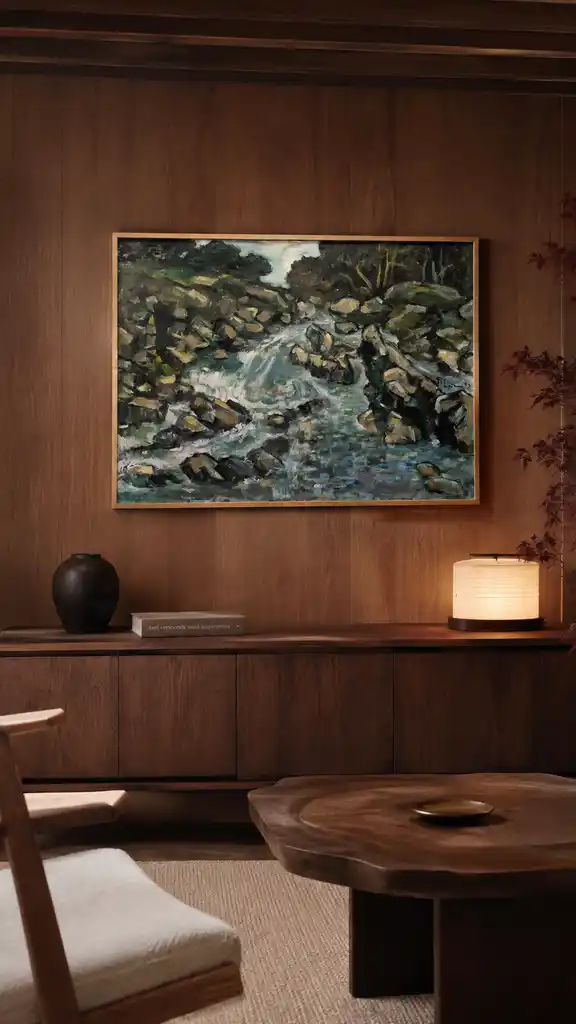 A dynamic landscape painting of a rushing stream flowing through a rocky gorge.