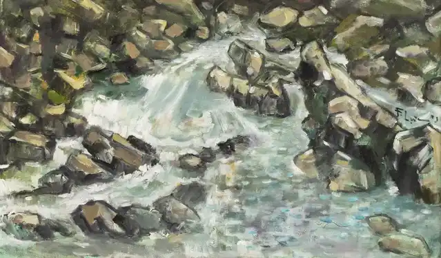 A dynamic landscape painting of a rushing stream flowing through a rocky gorge.