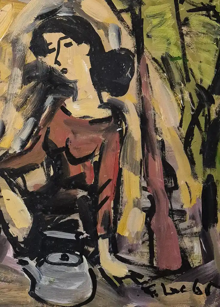 A vibrant, abstracted scene of two figures sharing a moment over tea in an outdoor setting.