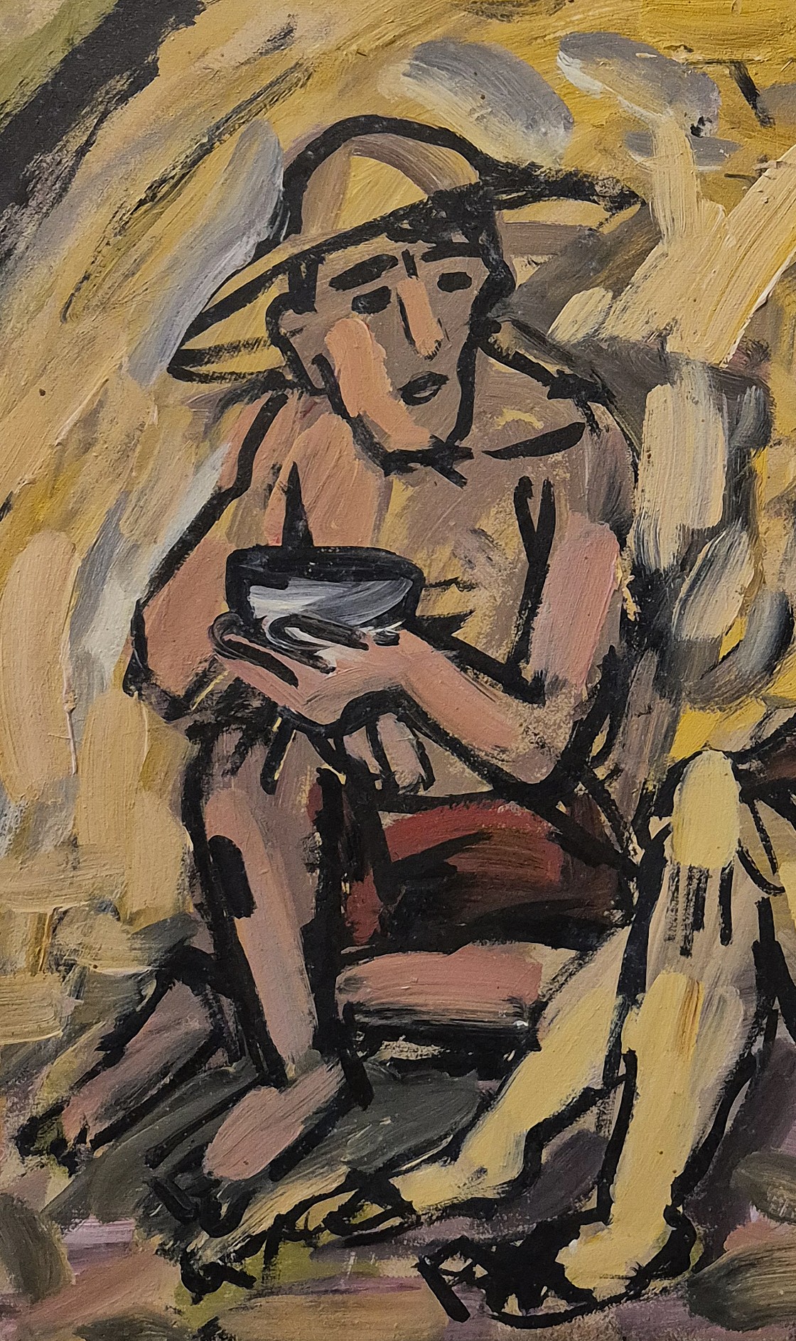 A vibrant, abstracted scene of two figures sharing a moment over tea in an outdoor setting.