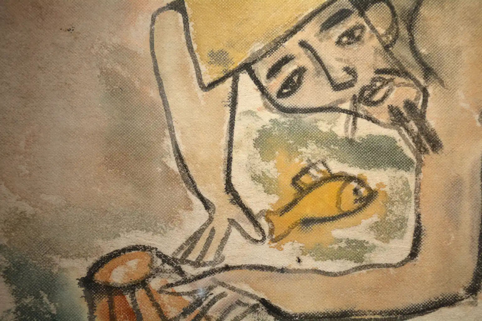 A stylized figure in a conical hat holds a basket containing a fish, rendered in loose, expressive lines against a muted background.
