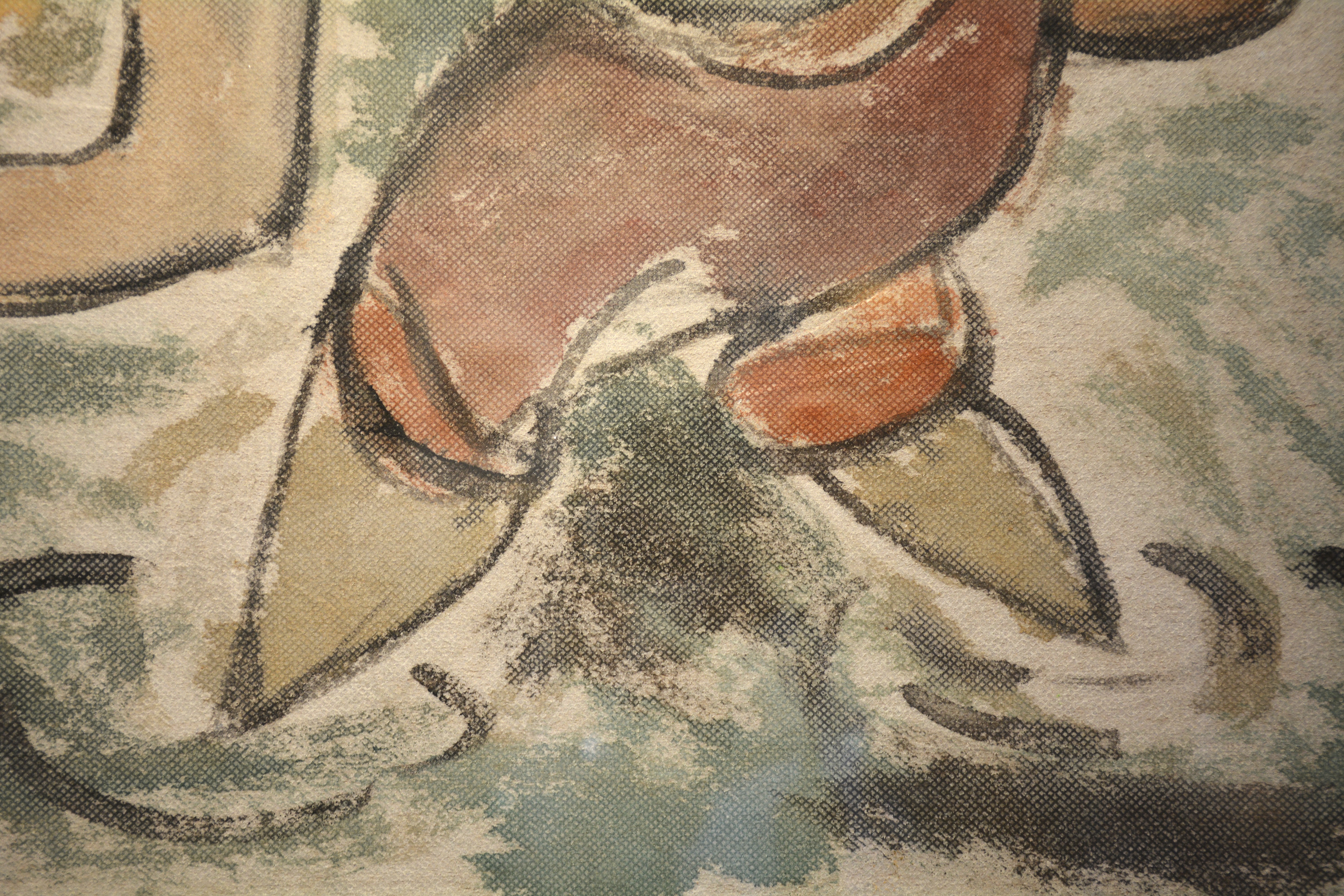 A stylized figure in a conical hat holds a basket containing a fish, rendered in loose, expressive lines against a muted background.