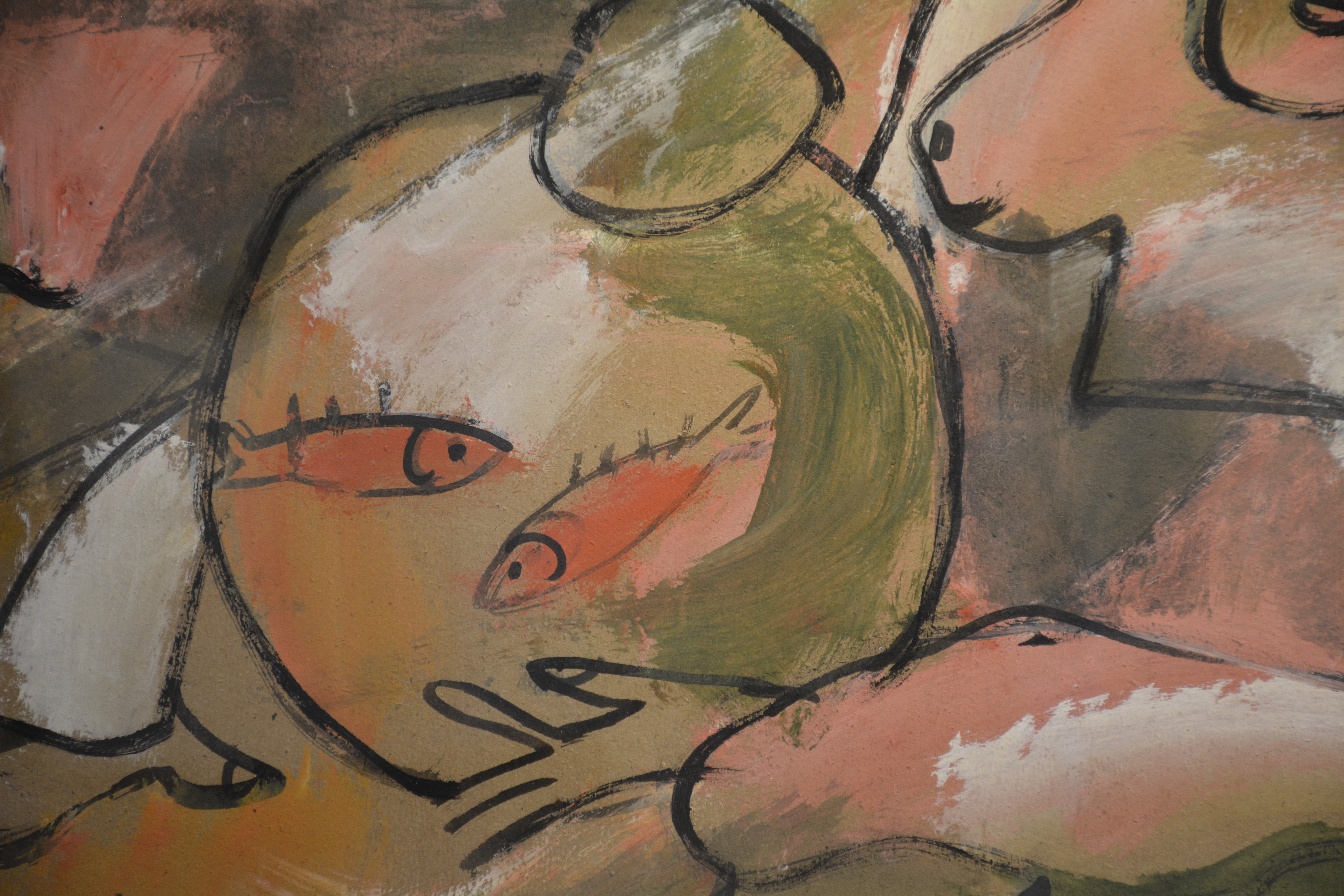 A vibrant, abstract painting of a reclining figure with a fish motif in the foreground.