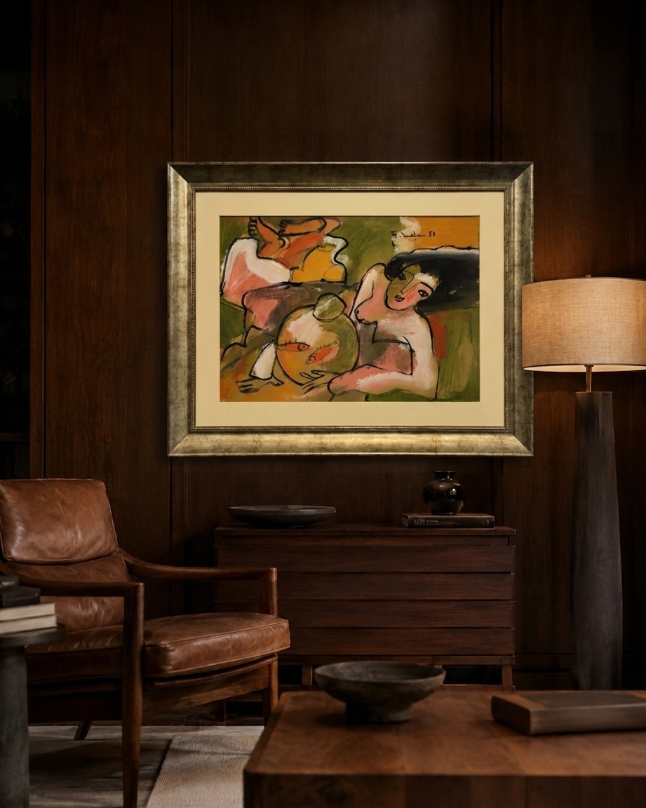 A vibrant, abstract painting of a reclining figure with a fish motif in the foreground.