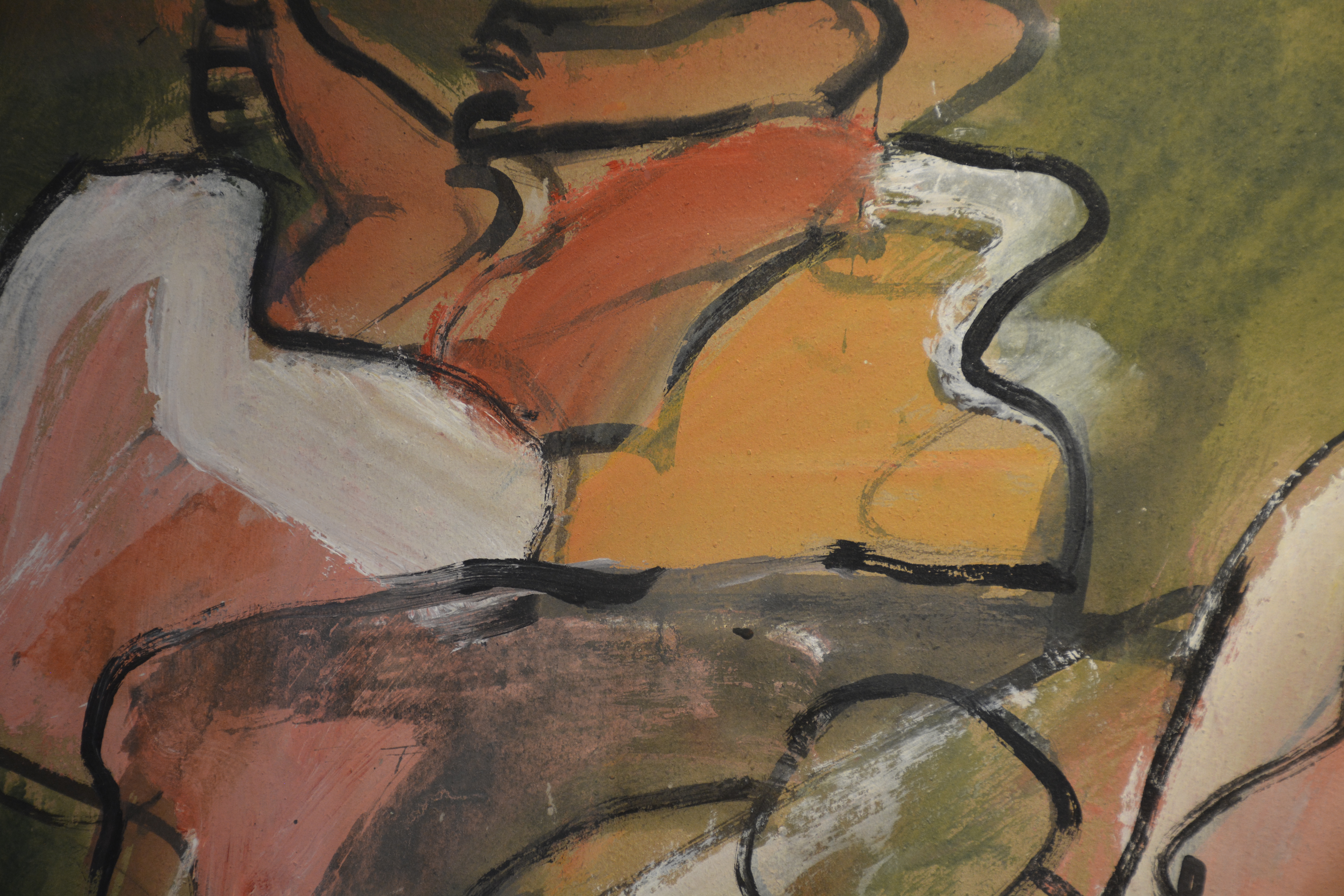 A vibrant, abstract painting of a reclining figure with a fish motif in the foreground.