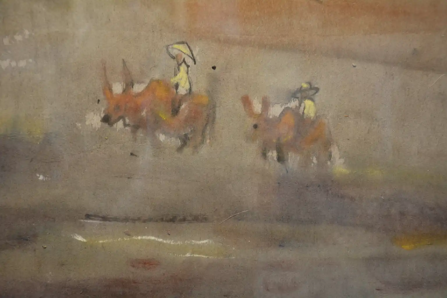 A watercolor landscape of a river scene with a boat and ox-drawn carts under a hazy sky.