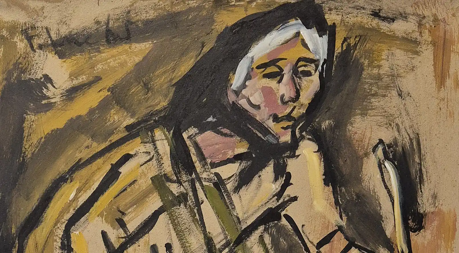 A figure in a yellow robe carries green jugs and holds a staff, rendered in expressive brushstrokes.