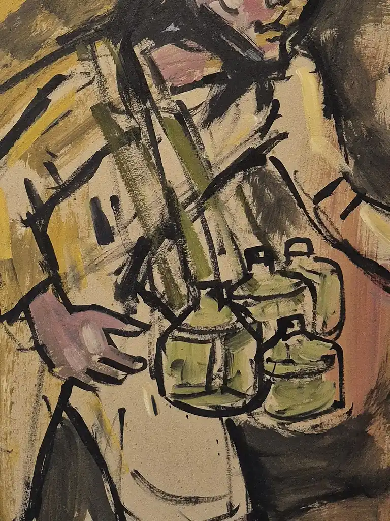 A figure in a yellow robe carries green jugs and holds a staff, rendered in expressive brushstrokes.