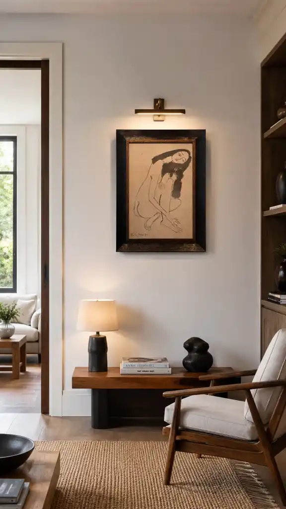 A black ink drawing of a crouching figure with long hair on textured beige paper.
