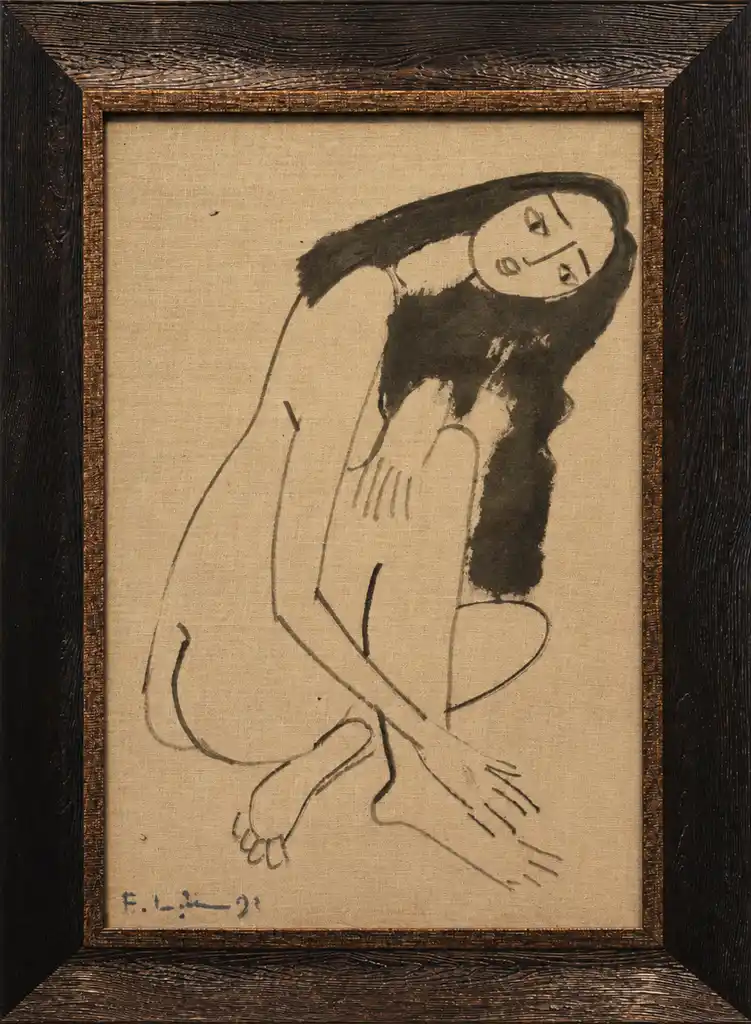 A black ink drawing of a crouching figure with long hair on textured beige paper.