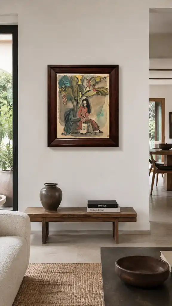 A watercolor portrait of a seated figure in a tropical setting.