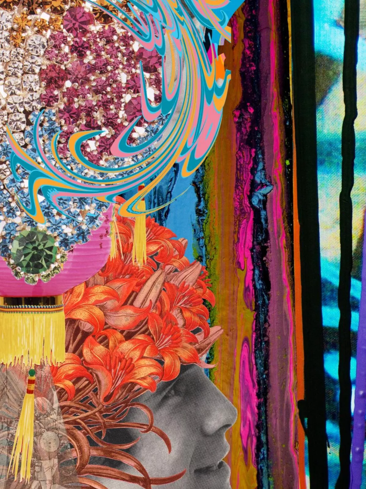 A collage of a woman's face with flowers in her hair.