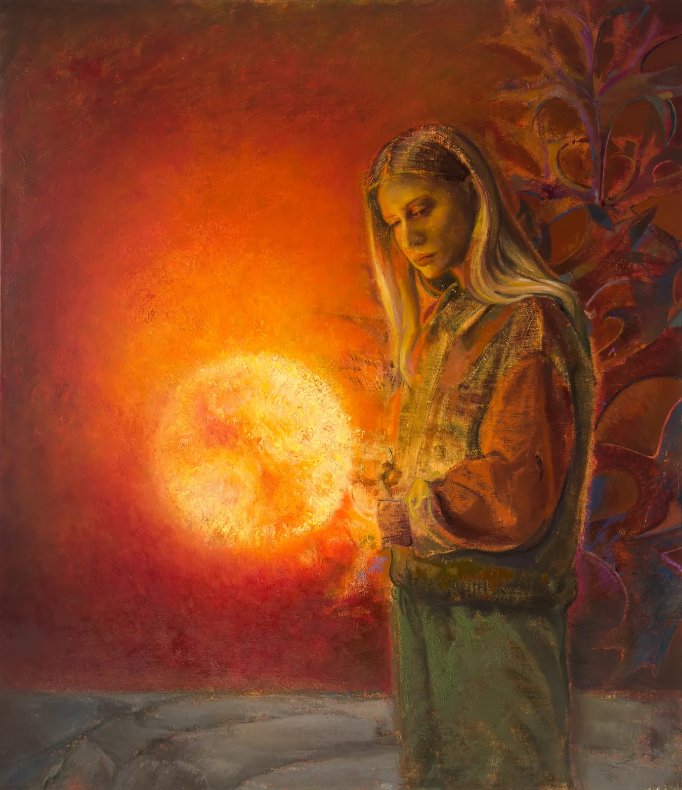 A painting of a woman holding a candle in front of a sun.