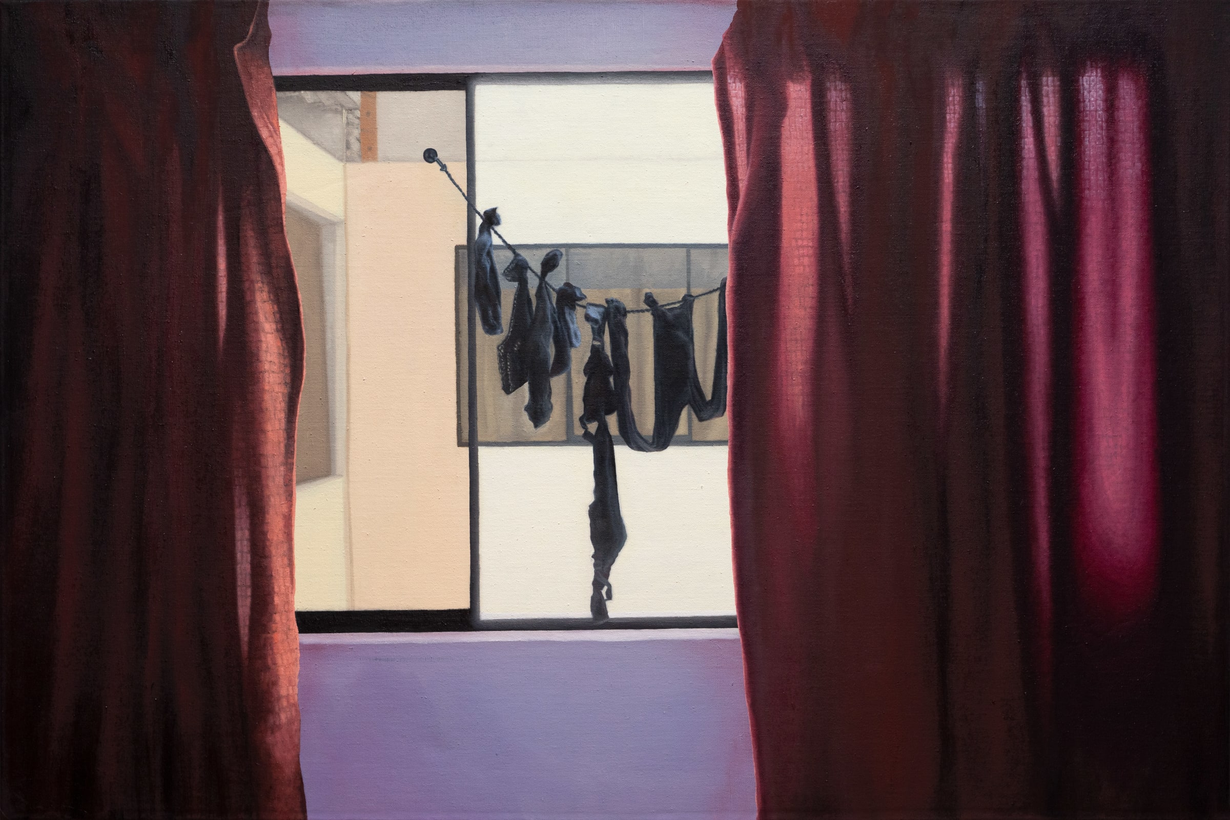 A painting of clothes hanging out to dry on a clothes line.