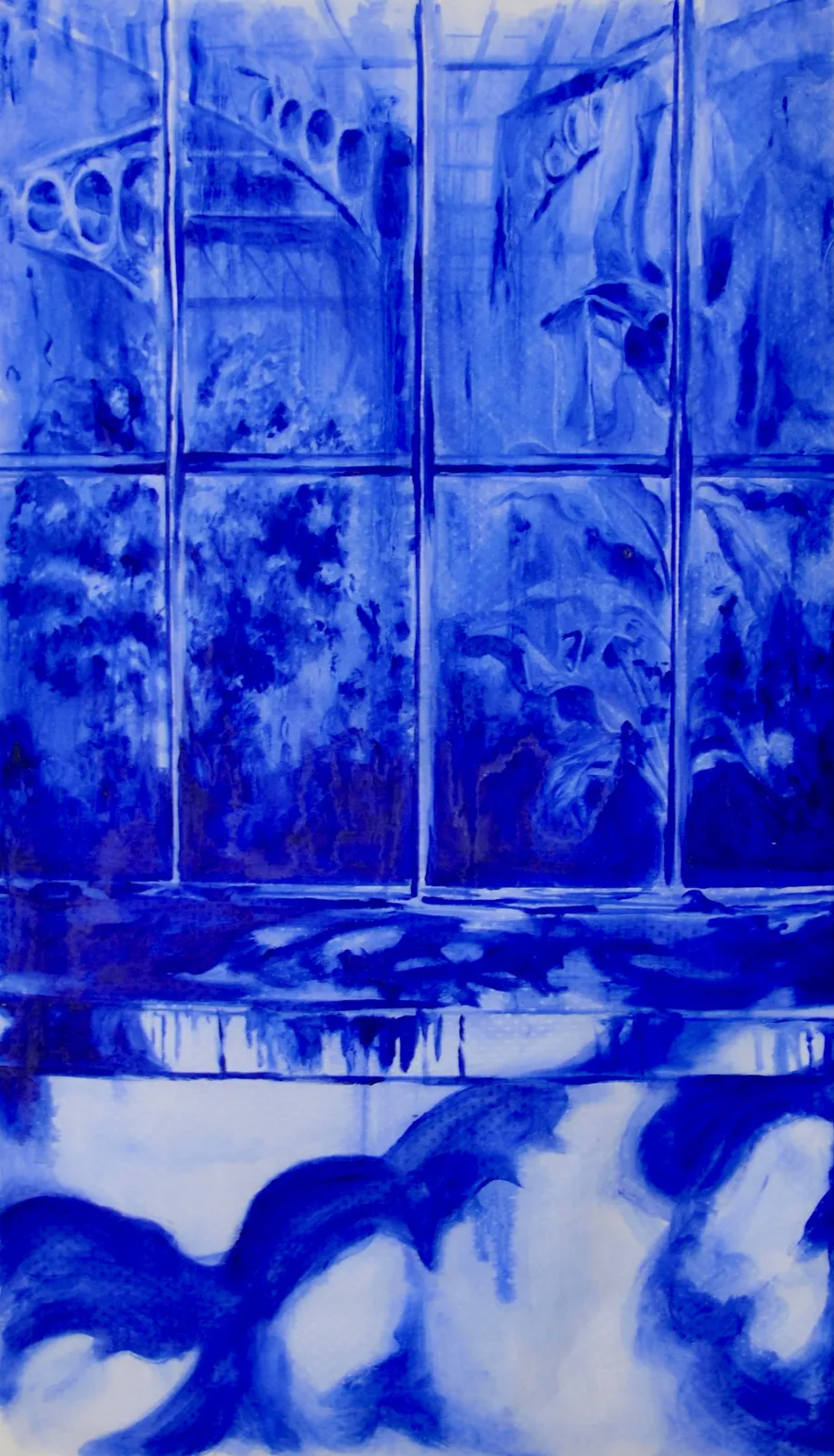 A monochromatic blue artwork featuring a grid of window panes and abstract reflections.