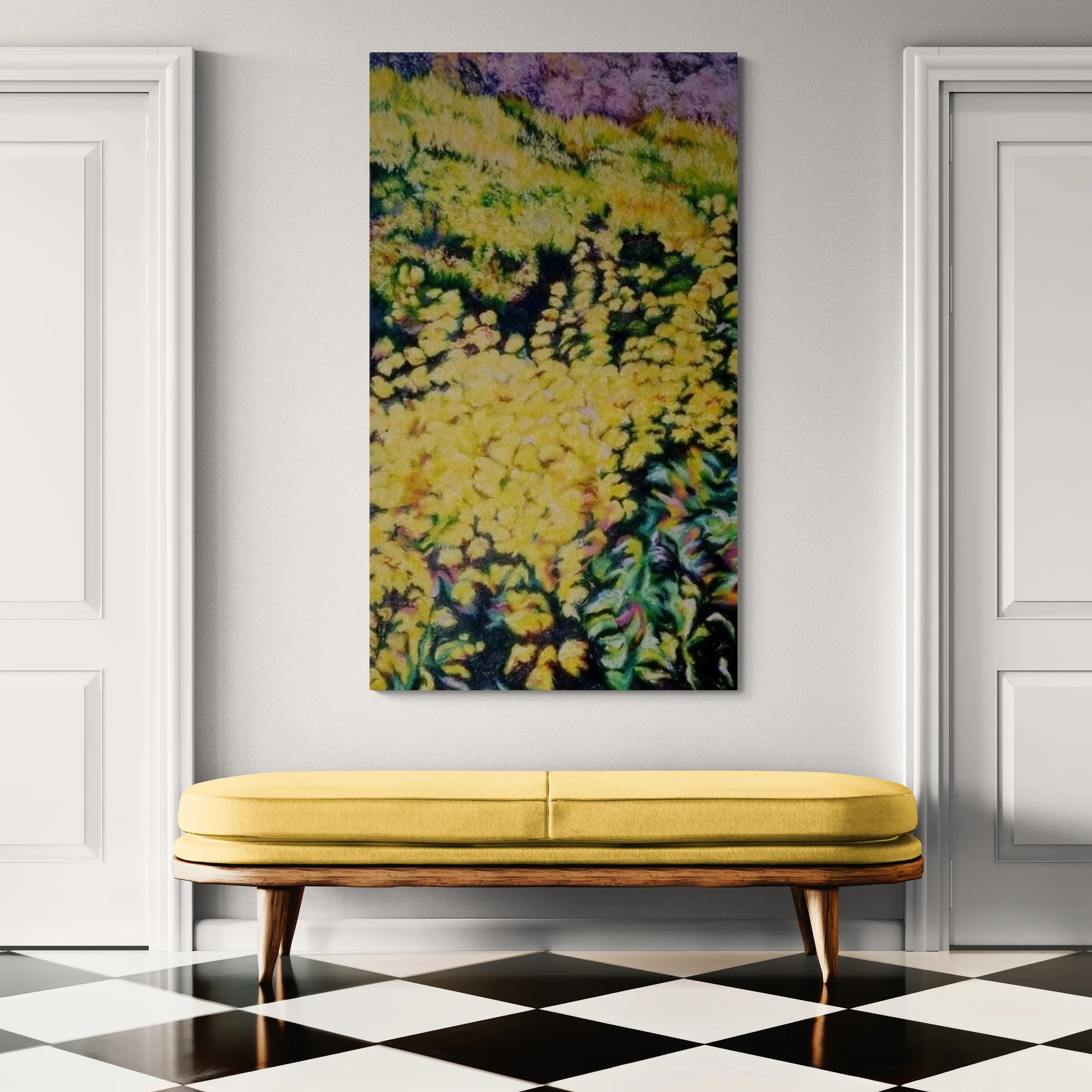 a painting of yellow flowers in a field