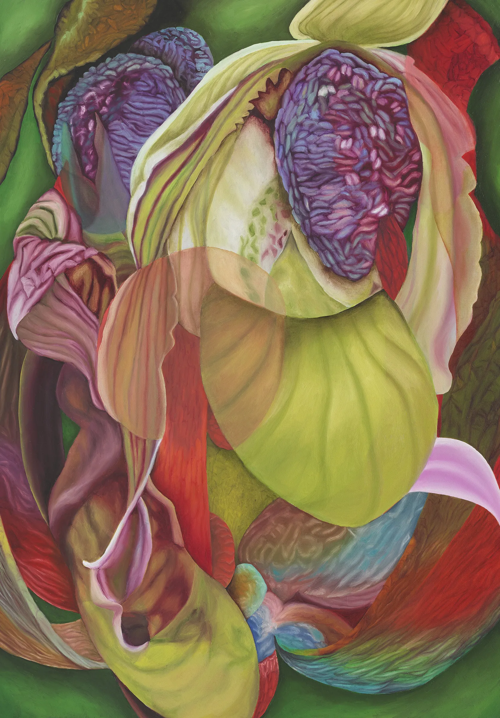 A painting of a flower on a green background.