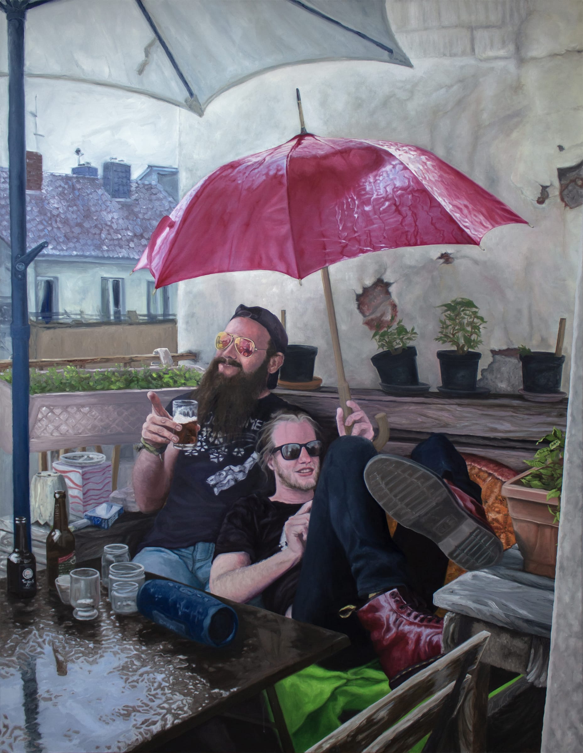 A painting of two men sitting at a table under an umbrella.