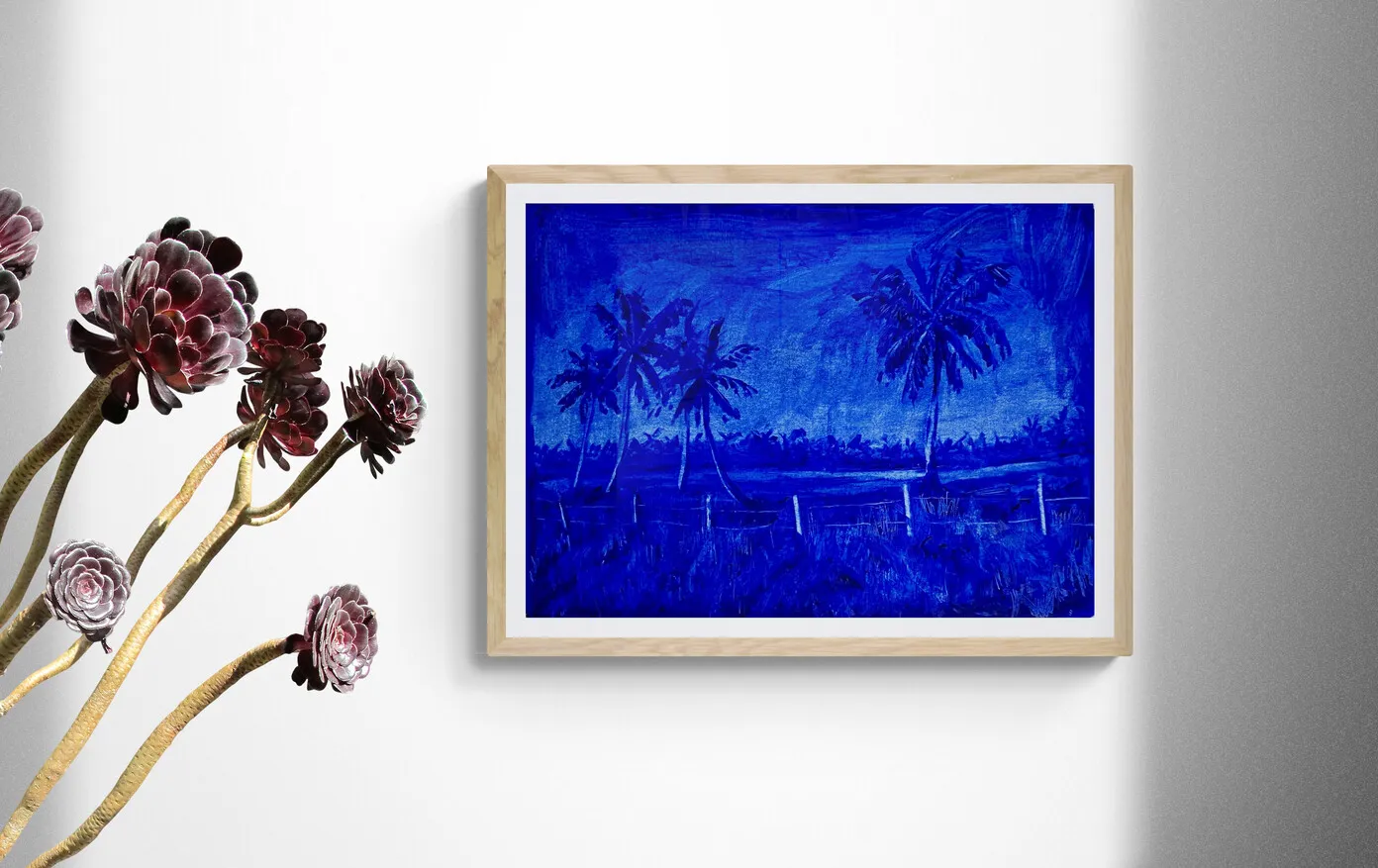 A blue and white drawing of palm trees in a field.