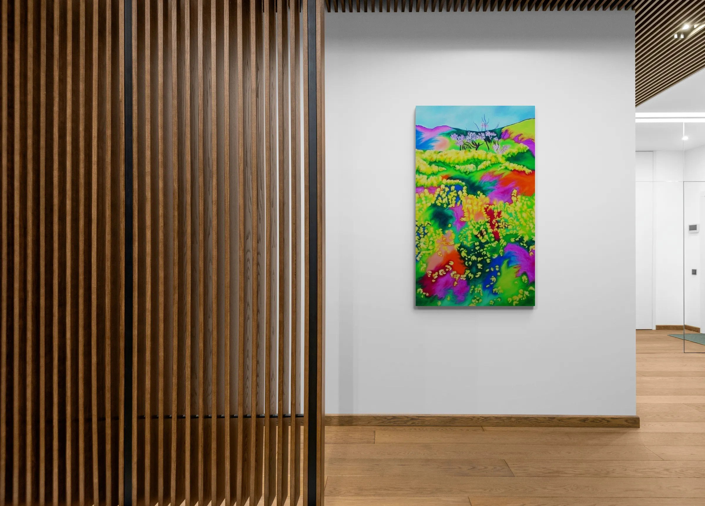 a painting of a field of flowers with a tree in the background
