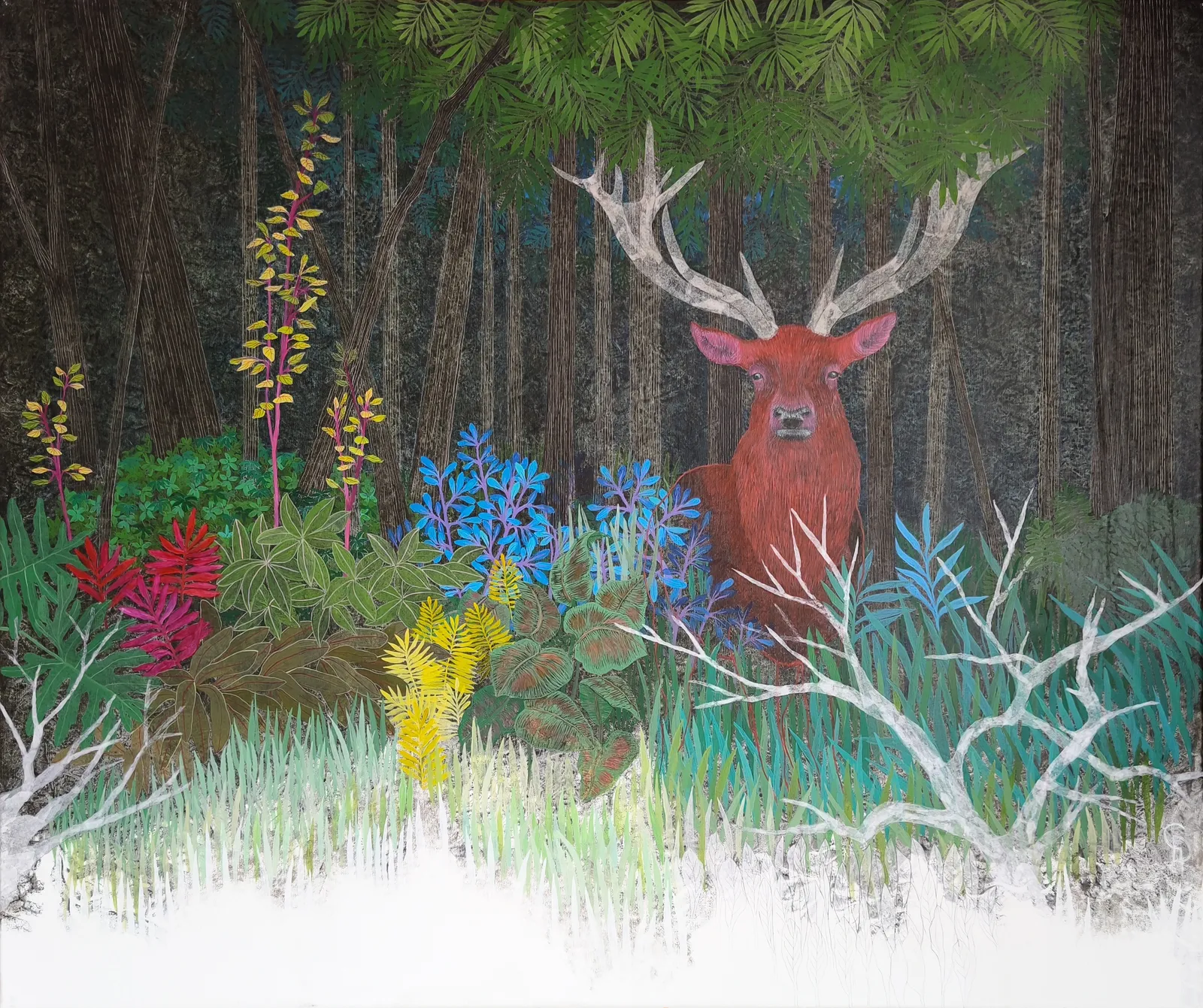 A painting of a deer in the woods surrounded by flowers.