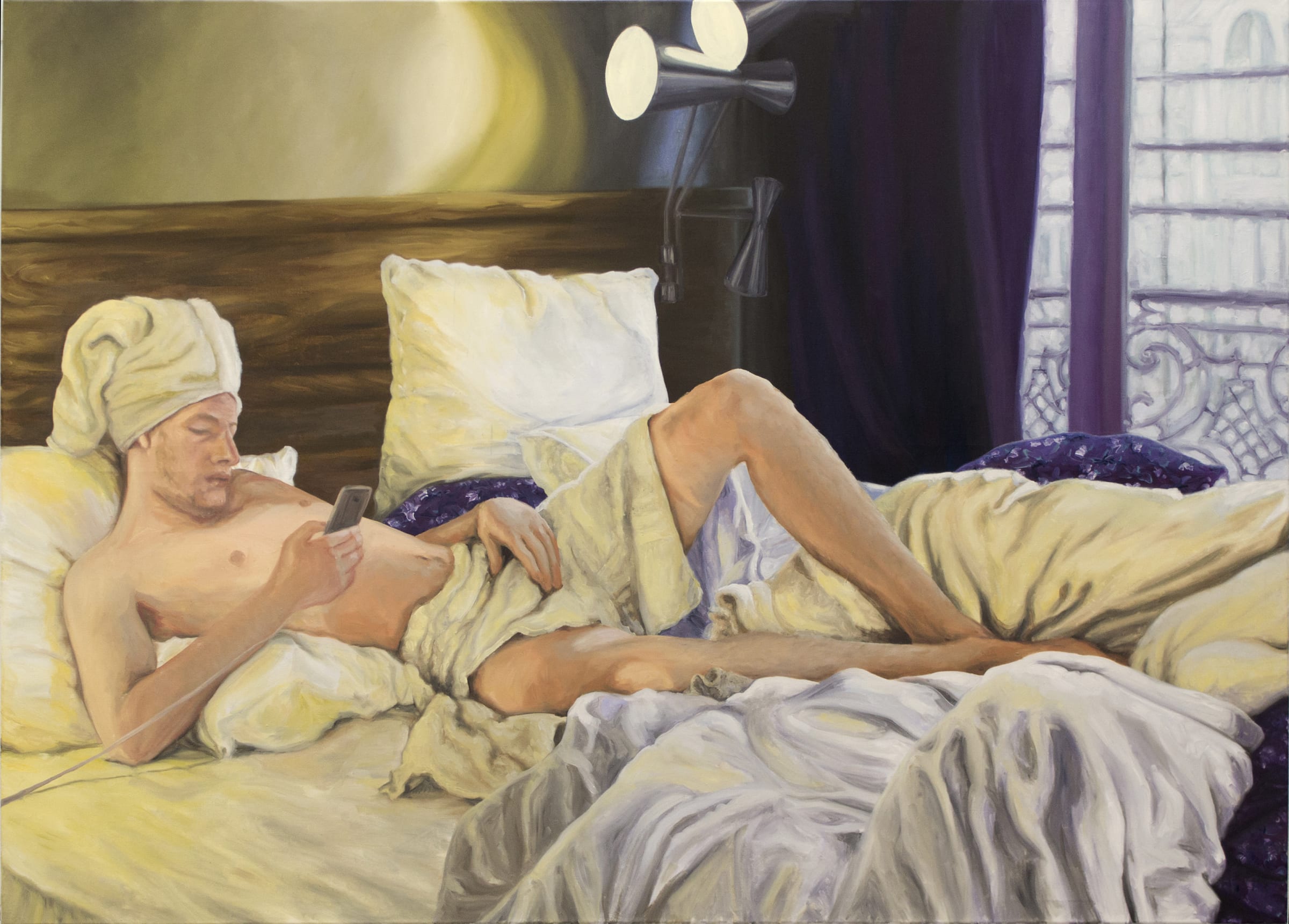 A painting of a man laying in bed with a towel on his head.