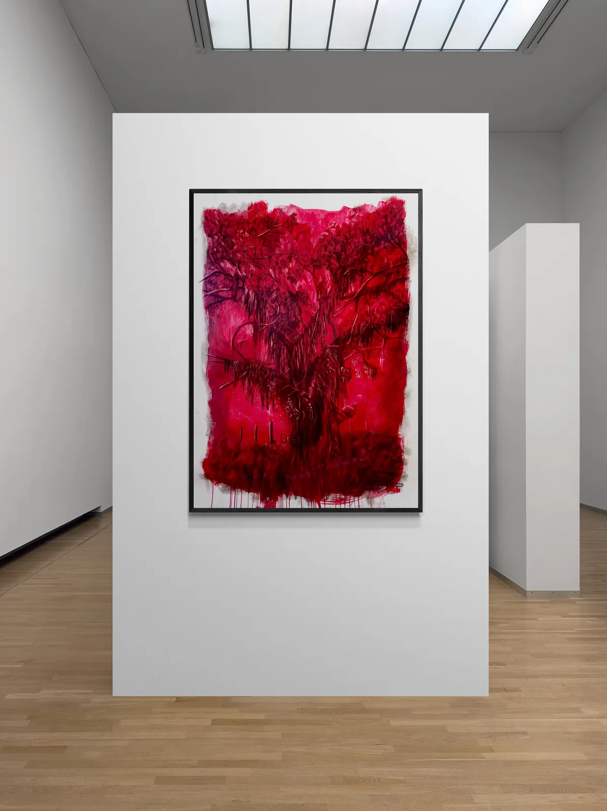 A painting of a tree with red leaves on it.