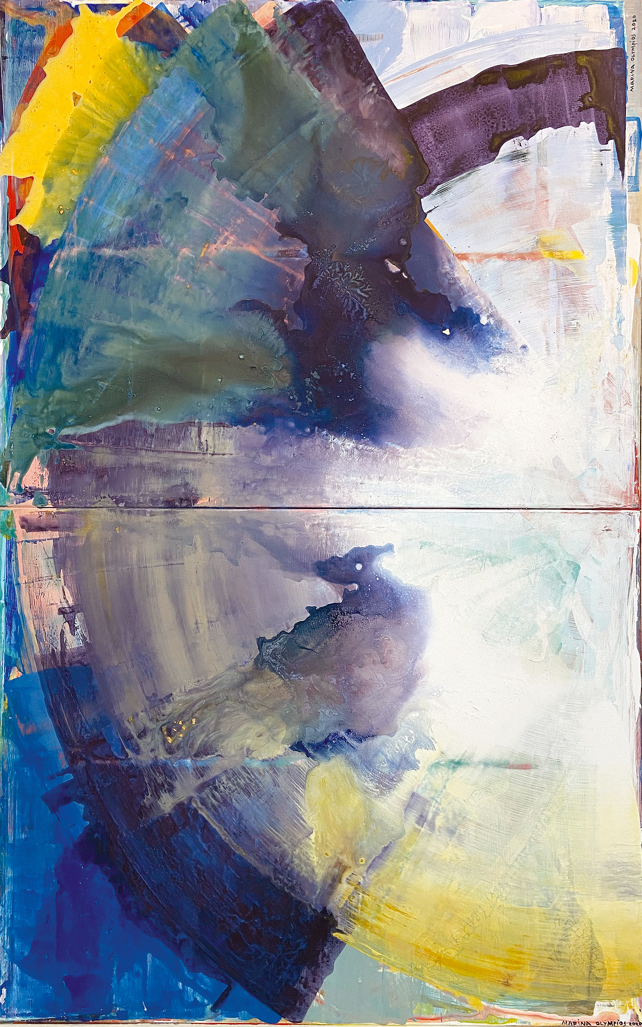 A painting of a blue, yellow, and purple abstract painting.