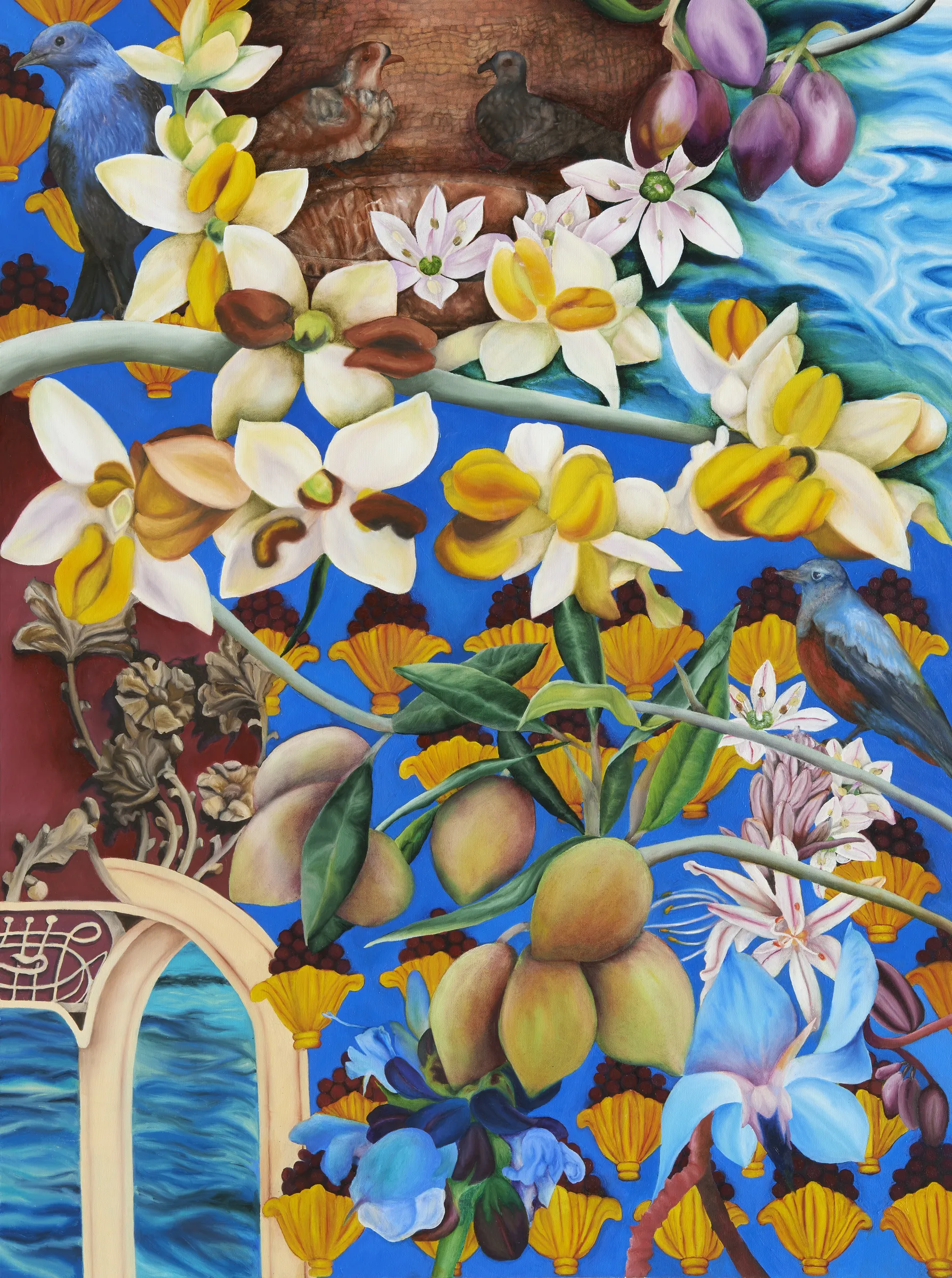 A painting of flowers and birds on a blue background.