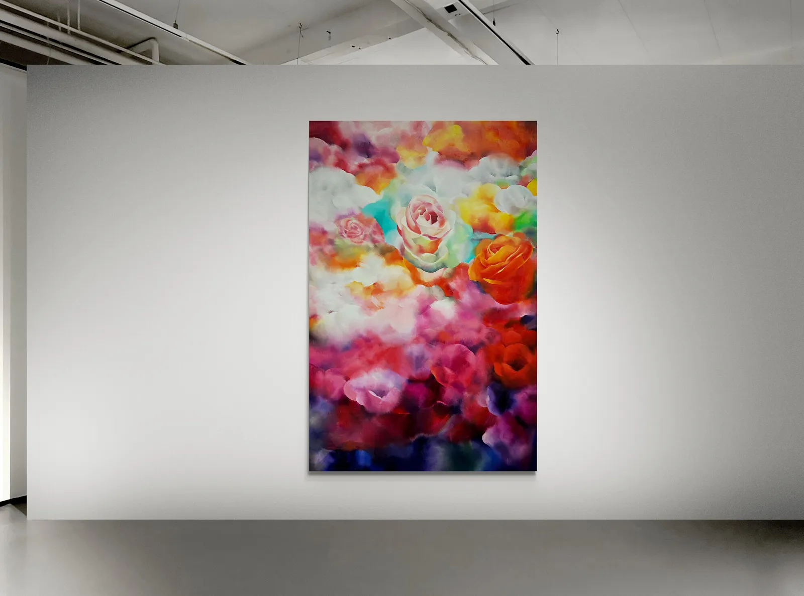 A painting of colorful roses in a field of flowers.